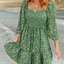 Dokotoo Fall Dresses for Women 2025 Boho Floral Square Neck Smocked 3/4 Sleeve Casual A-Line Swing Mini Dress Sundress (XL)