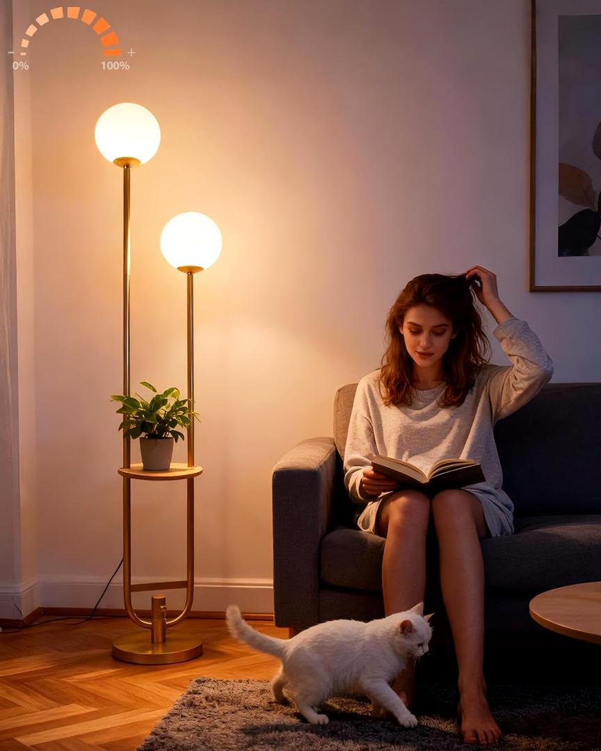 Lightdot 63IN Gold Floor Lamp with Table, 2 Globe Mid Century Standing Lamps with Warm White LED Bulbs, Unique U-Pole Vintage Tall Floor Lamp for Living Room/Wedding/Party/Sofa Beside/Corner Decor