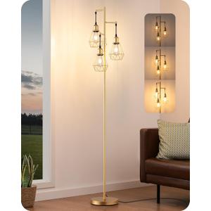 EDISHINE 70'' Dimmable Industrial Floor Lamp, Farmhouse Standing Lamps Diamond-Shaped Lampshade, 3 LED Edison Bulbs Included, Farmhouse Rustic Floor Lamps for Living Room, Bedroom, Office, Gold