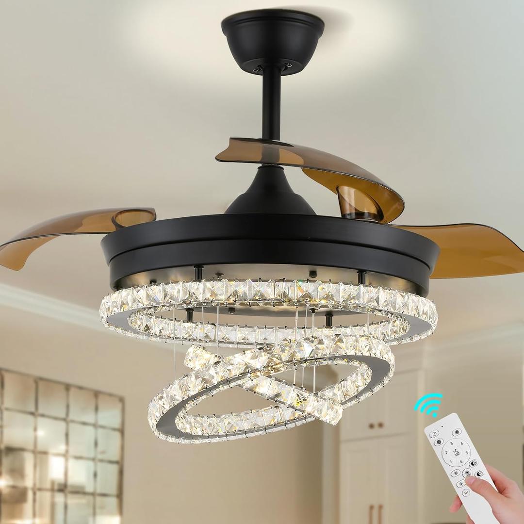 42" Black Dimmable LED Fandeliers Crystal Chandelier Ceiling Fan with Lights Modern Invisible Crystal Fan 3 LED Color Change with Memory Function