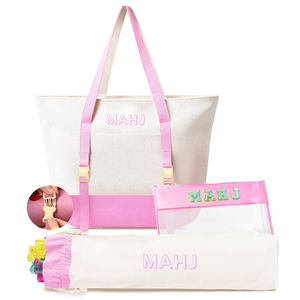 Mykng Nzw Empty Mahjong Tile Bags Set for American Tiles and Racks,Canvas Tote Bag with Mat Holder Accessories Organizer,Portable Mahjong Case Drawstring Protective Sleeve for Rack Pushers,Pink