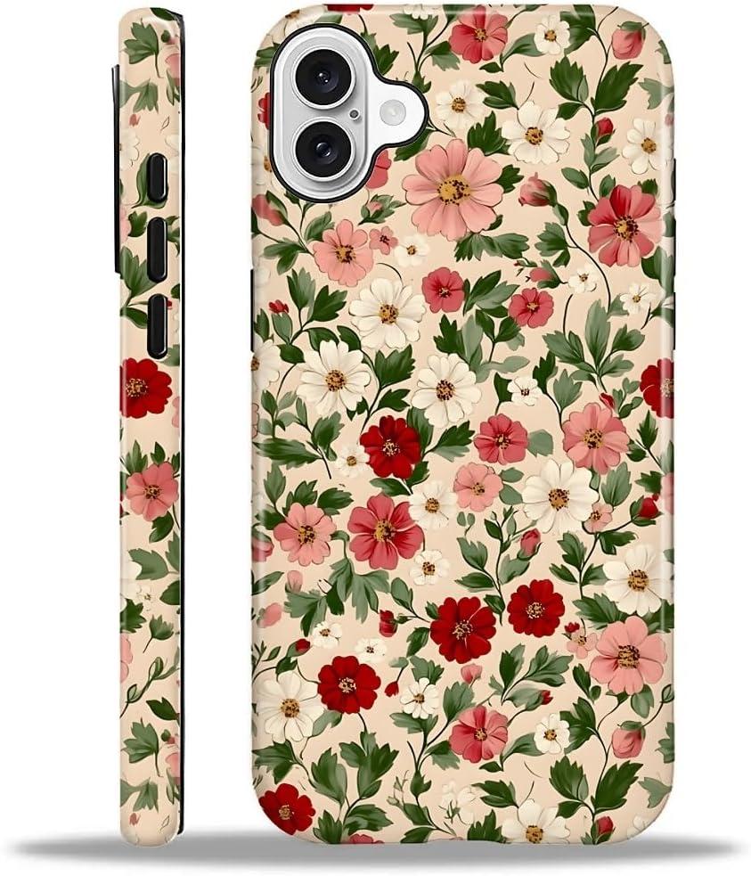 Compatible with iPhone 16 Case,Dual-Layer Protection, Hard Shell with Silicone Interior,Slim Scratch Resistant Shockproof for Woman Men Red Crushed Flowers