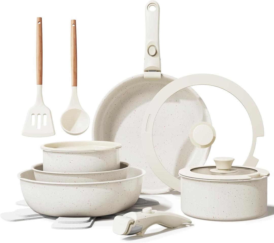 Bazova Ceramic Nonstick Cookware Set, Healthy,Non Toxic,17-Pieces Pots and Pans Set Removable Handles,Induction RV Kitchen Set,Stain & Scratch-Resistant,Dishwasher/Oven Safe,PFAS/PFOA Free,Cream White