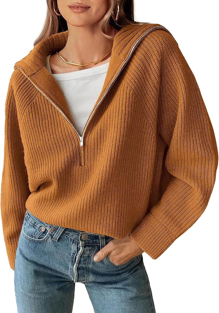 BTFBM Womens Sweaters Quarter Zip Pullover V Neck Collar Long Sleeve Ribbed Knit Loose Casual 2026 Winter Fall Sweater (Orange, S)