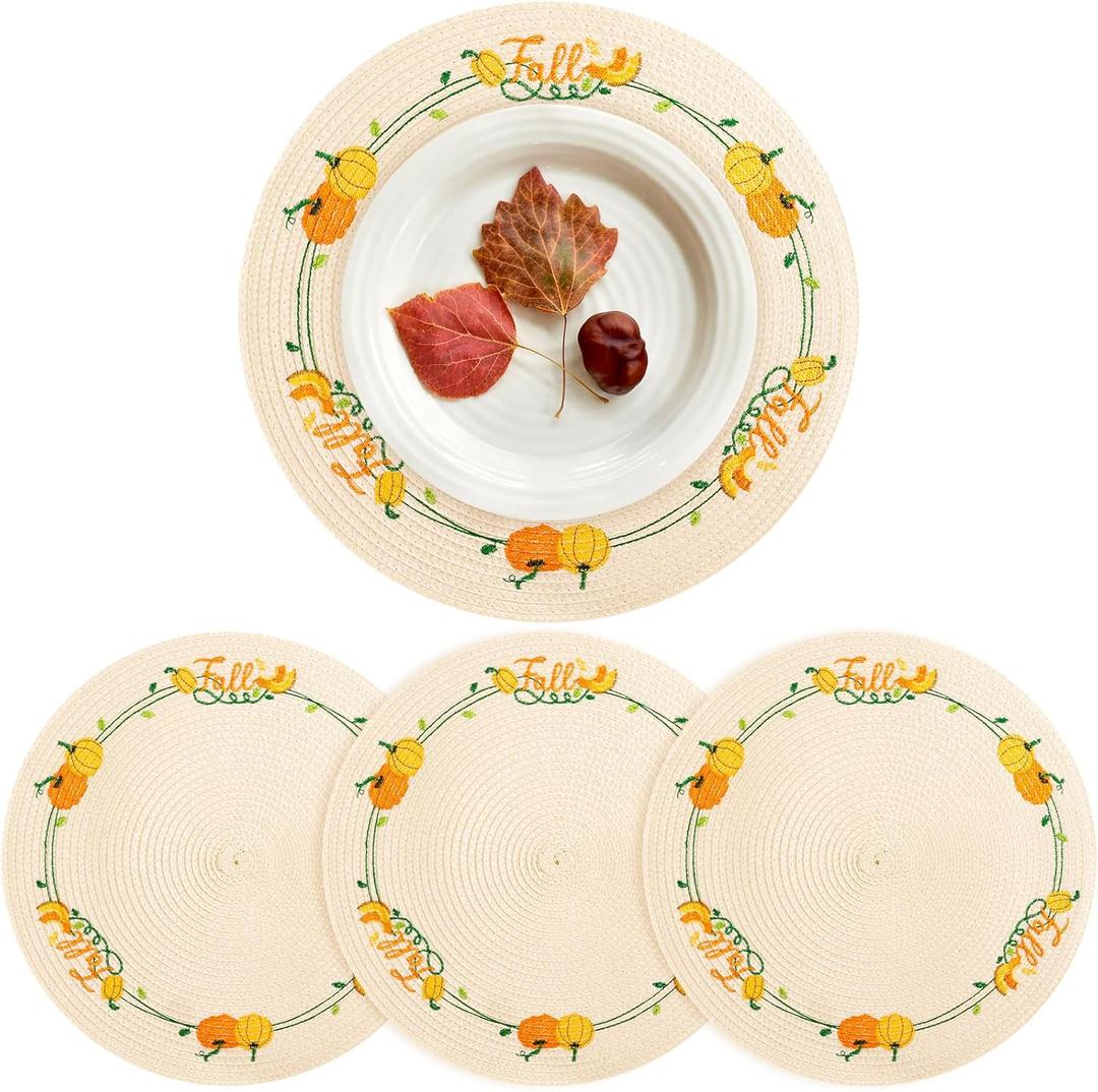Fall Placemats Set of 4 Fall Thanksgiving Autumn Table Decorations Indoor Farmhouse Harvest Pumpkins Round Table Mats for Party Kitchen Dinning (Set of 4)