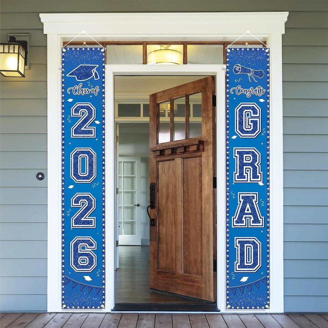 Blue 2026 Graduation Door Banner, Congrats Grad Door Banner, Graduation Porch Banners Class of 2026 for High School, College, Congrats Grad Party Hanging Decorations Supplies