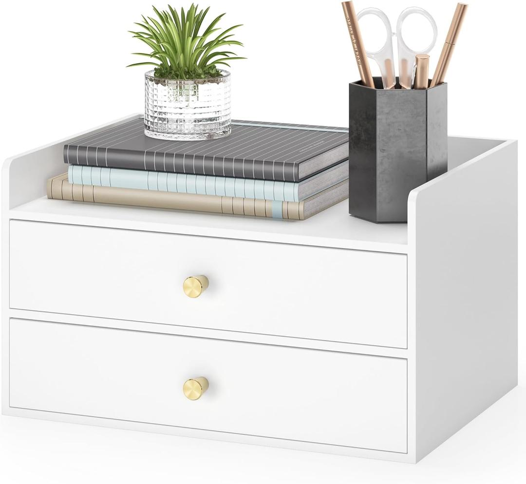 Bamboo Desk Organizer - Stackable, No Assembly Required, Ideal for Office/Home Use - Perfect for Toiletries, Stationery, Accessories. (White, Two level drawer box with sides)