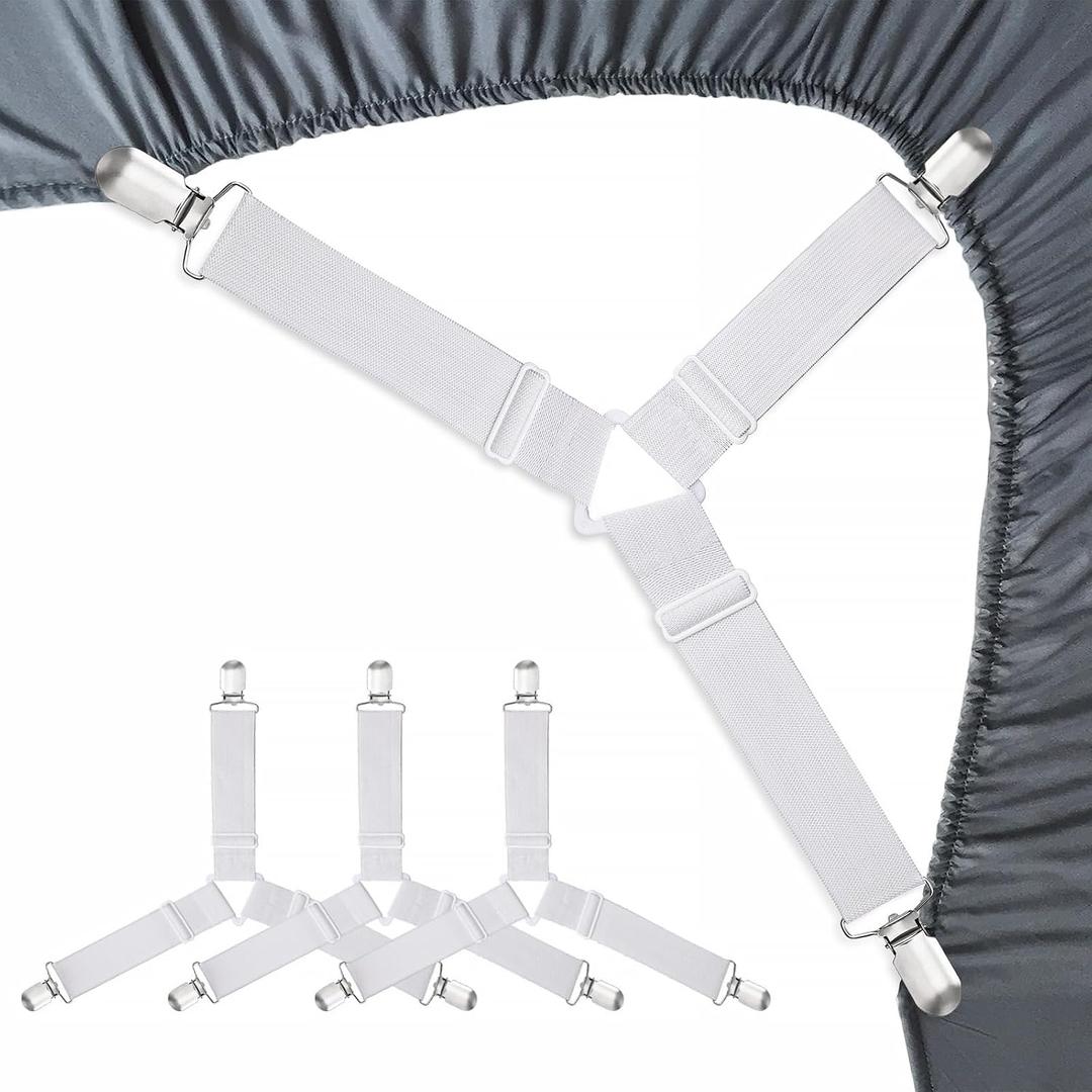 Bed Sheet Fasteners, Adjustable Mattress Suspenders, Mattress Cover Straps, Bed Corner Holder and Keepers and the Bed Sheet Grippers Clips (Triangle White Set of 4)