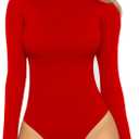 MANGOPOP Women's Mock Turtle Neck Long Sleeve Tops Bodysuit Jumpsuit (X-Large), 04 Long Sleeve Red