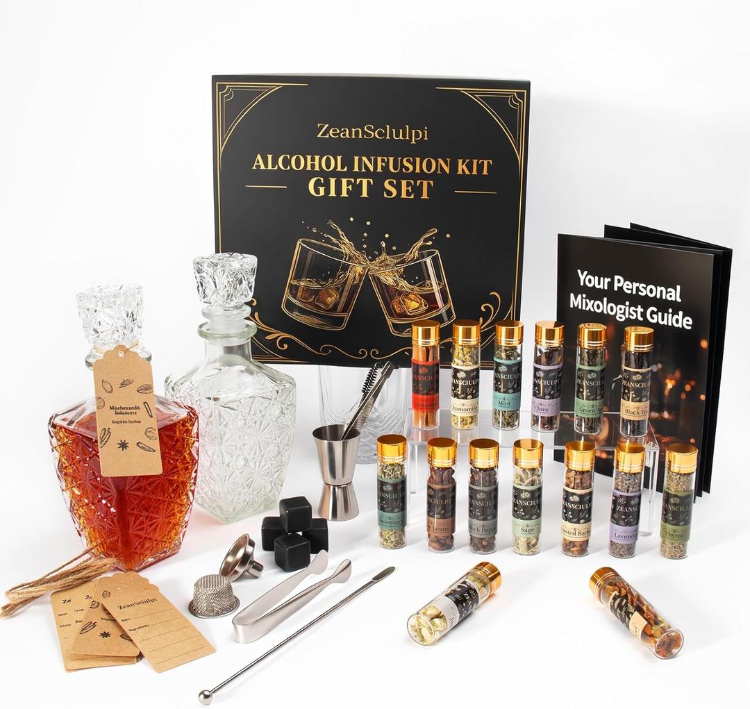 Alcohol Infusion Kit for Infusing Whiskey, Gin, Vodka, Rum, Tequila Creative DIY Your Own Flavored Spirits with Natural Ingredients, Gifts for Men for Birthday, Anniversary, or Valentine's Day