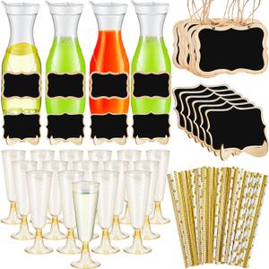 74 Pcs Mimosa Bar Supplies 34 oz Plastic Carafe with Lids Drink Juice Carafe with Champagne Flutes Plastic Water Pitcher for Mimosa Bar with Wooden Chalkboard Tags Straws (Gold)