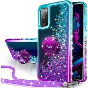 Silverback Samsung Galaxy S20 FE 5G Moving Liquid Holographic Sparkle Glitter Case With Stand, Bling Diamond Ring for Girls Women - Purple