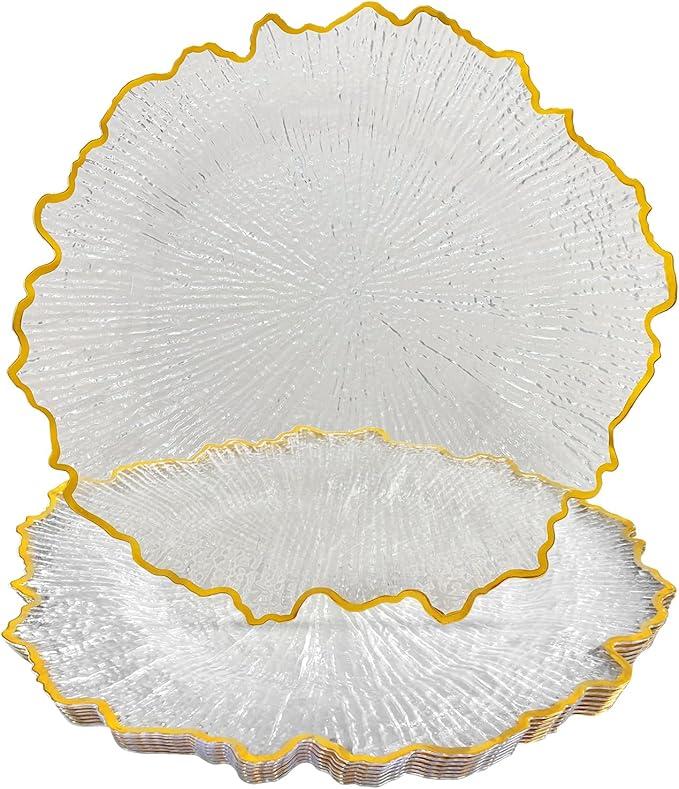 CN JIAHE 13inch Clear Acrylic Reef Gold Rim Charger Plates Set of 8, for Dinner, Wedding, Party, Event Decoration.
