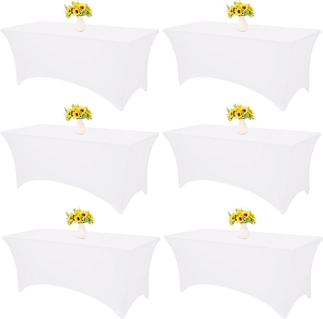 HAISIWLKJ 6 Pack Table Cloth 6ft White Tablecloths for Rectangle Folding Table Spandex Fitted Stretch Cover Wrinkle Resistant Washable Protector for Party, Wedding, Banquet, Festival.