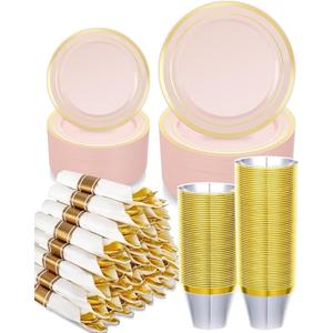 350PCS Pink Plastic Dinnerware Set, Disposable Party Plates for 50 Guests, Include: 100 Pink and Gold Plastic Plates, 50 Pre Rolled Napkins with Gold Silverware, 50 Cups for Wedding, Christmas