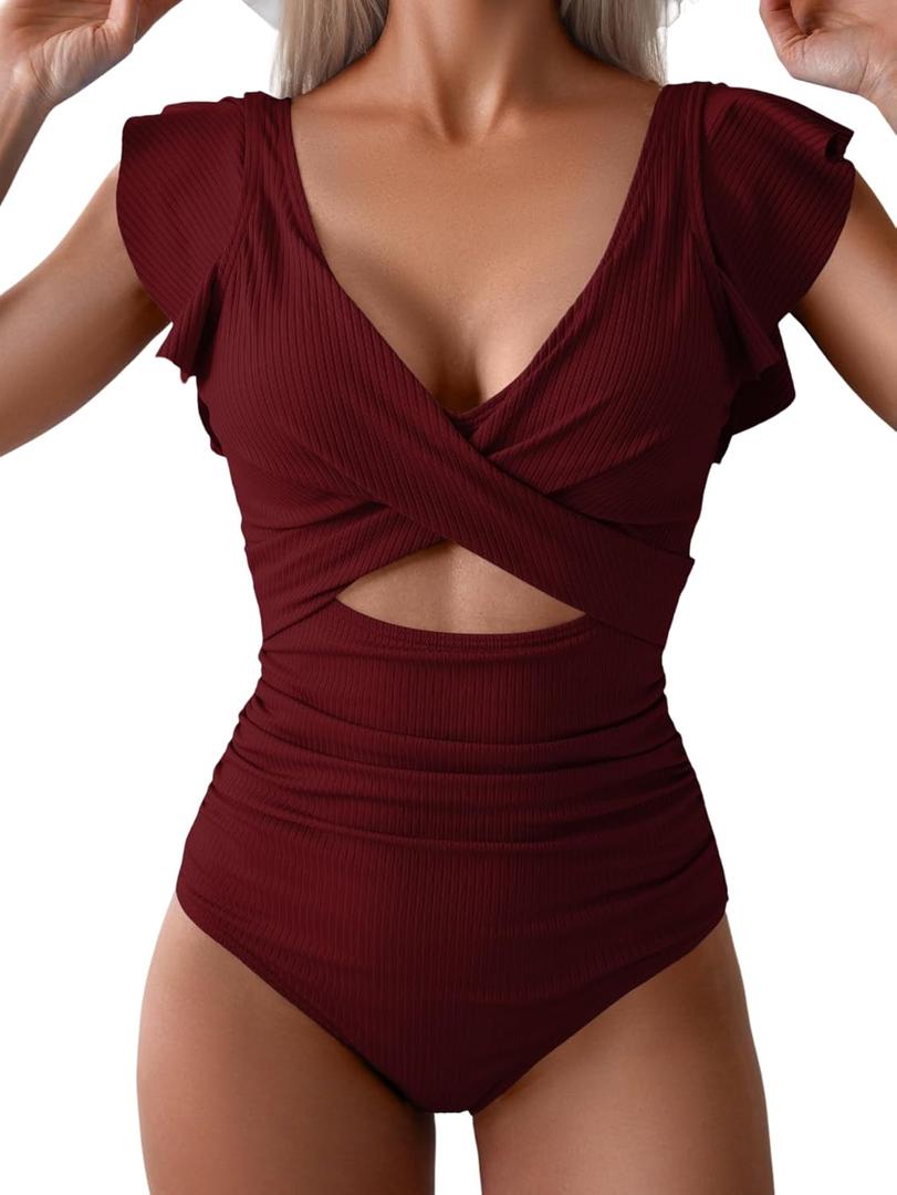 B2prity Women's One Piece Swimsuit Ruffle Cutout Bathing Suits Slimming Tummy Control V Neck Wrap Swimwear (Burgundy Ribbed)