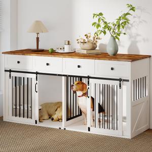 Real Relax 71" Double Dog Crate Furniture, Large Wooden Dog Kennel Furniture with 2 Drawers, Divider and Sliding Door, Indoor Dog House TV Stand for Medium Small Dogs, White