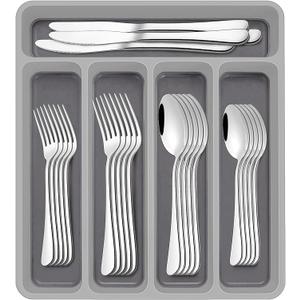 60-Piece Black Silverware Set with Organizer, AIVIKI Stainless Steel Flatware for 12, Cutlery Utensil Set for Home Restaurant, Tableware Includes Knife Fork Spoon Set, Mirror Polished