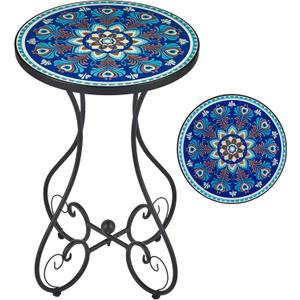 VONLUCE Outdoor Side Table and Mosaic Plant Stand, 21" Round End Table with 14" Ceramic Tile Top for Patio Porch Decor, Indoor & Outdoor Accent Table, Small Coffee Table for Home and Garden, Peacock