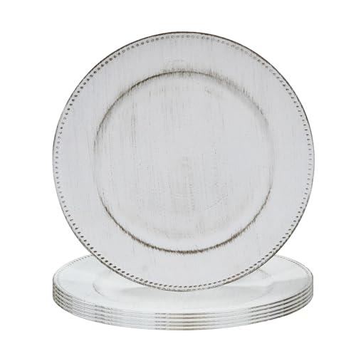 MAONAME 13" Round Charger Plates Set of 6, Antique White Plate Chargers, Plastic Charger for Dinner Plates, Beaded Table Chargers for Wedding, Party