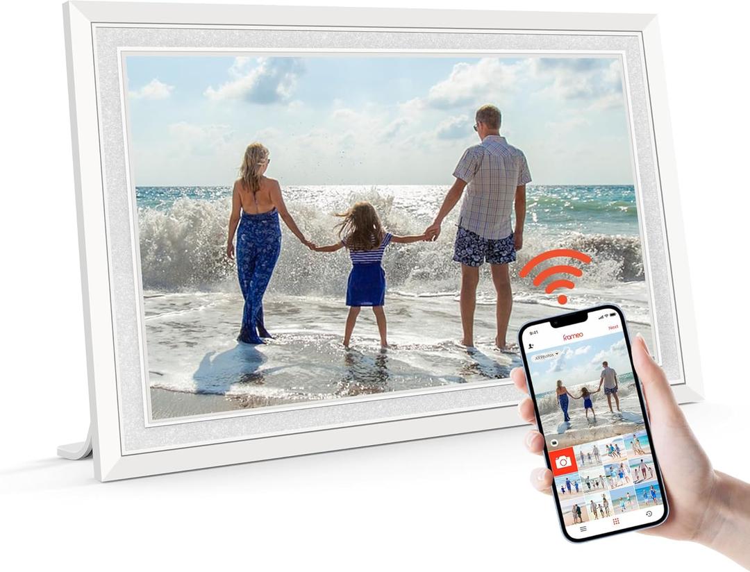Frameo 10.1" Digital Picture Frame with 32GB Memory White WiFi Electronic Photo Frame 1280 x 800 IPS HD Touch Screen Auto-Rotate Slideshow Wall Mountable Share Photos/Video Remotely Anywhere