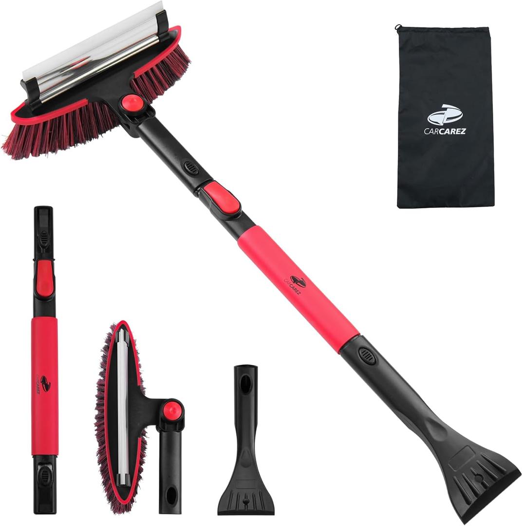 CARCAREZ 39" Extendable Car Snow Brush and Ice Scraper, Windshield Window Ice Snow Removal Snow Broom with Foam Grip 180 Pivoting Brush Head Snow Scraper for Car Auto Truck SUV (Red)