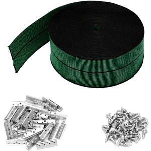 Threehoney 2 Inch Wide x 40 ft Chair Webbing Replacement Kit Upholstery Webbing Elastic Band to Repair Sagging Couch Chair Patio Furniture Metal Clips Patio Strap Repair Kit for Furniture (Green)