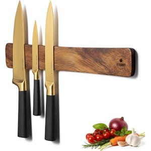 4 YORVOY Magnetic Knife Holder for Wall-16 inches long Kitchen Organizer- No Drilling Knife Magnetic Strip- Compact Utensil Holder- Acacia Wood Knife Rack- Strong Knife Magnet- Easy Installation