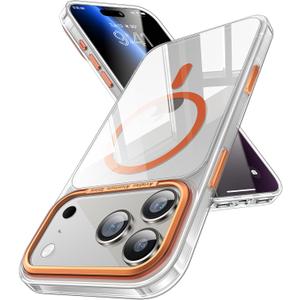 Maledan for iPhone 17 Pro Max Case Clear Orange - Aluminum Camera Frame Magnetic 17 Pro Max Case Fit for Mag Safe, Camera Control, Transparent Military Shockproof Phone Cover for iPhone 17 Pro Max