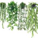 Der Rose 4Pcs Fake Plants Hanging Artificial Ivy Vine Faux Eucalyptus Hanging Plants, Boston Fern, String of Pearls for Home Boho Wall Shelf Indoor Outdoor Decor (4 Packs Black Pots)