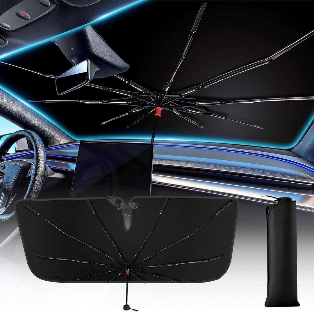 Windshield Sun Shade Umbrella, Foldable Car Sunshade for Front Windshield, UV Block & Heat Reduction Sunshade, Durable Reinforced Frame, Easy Install Sunshade for Cars, SUVs & Trucks (57" x 32")