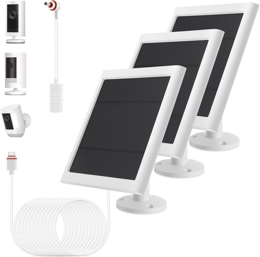 Solar Panel Outdoor for Ring Cameras (White 3P) Spotlight Cam Plus/Pro(Battery) Stick Up Cam/Pro Wireless Outdoor with 10FT/3M Long Cable Dustproof Waterproof