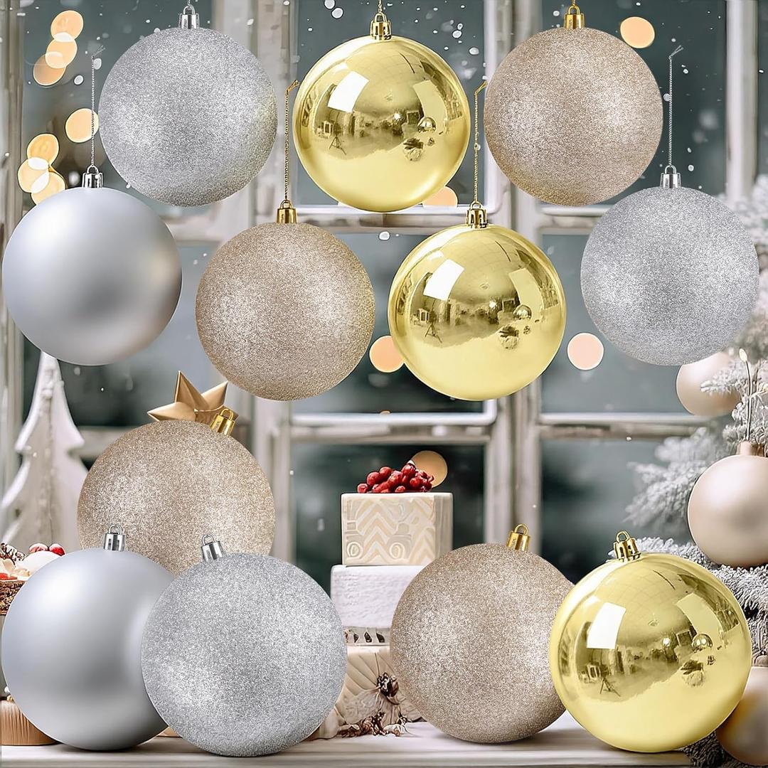 Jenaai 12 Pcs Large Champagne Gold Christmas Ball Ornaments, 4 Inch Big Oversized Shatterproof Tree Decorations Matte Glitter Giant Jumbo Plastic Hanging Baubles for Xmas Holiday Party Indoor Outdoor
