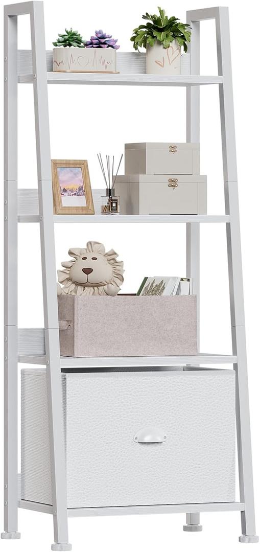 Furologee 4Tier White Ladder Shelf, Ladder Bookshelf with Removable Drawer, Bookcase Storage Rack Organizer, Freestanding Storage Shelves for Living Room, Home Office, Bedroom