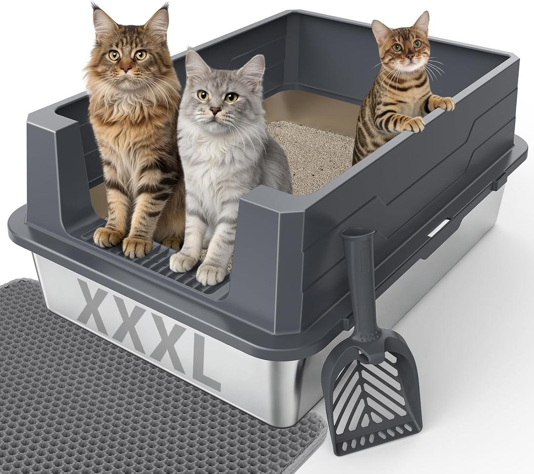 FURTIME Stainless Steel Cat Litter Box, Extra Large Cats Metal Litter Box | High-Sided Open-Top Easy-Clean Litter Pan for Multi-Cat Home, Non-Stick, Anti-Leakage, Comes with Scoop & Mat, 28"20"12.2"