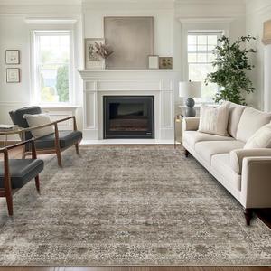 Brown Grey 5x7 Washable Rug for Living Room Large Vintage Distressed Bedroom Rug Low Pile Non-Slip Soft Boho Carpets for Bedroom Dining Room Home Office Indoor Nursery Antique/Moss