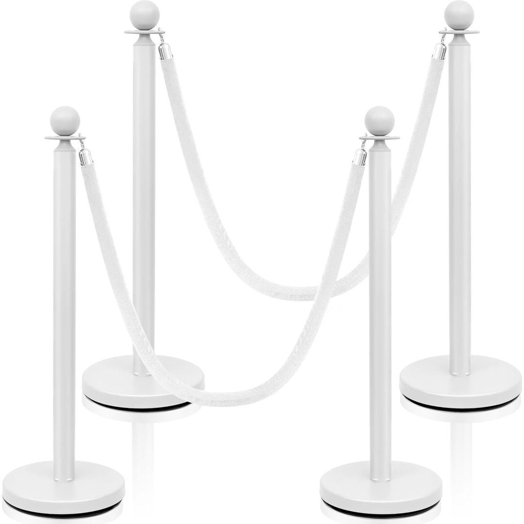 Ferraycle 4 Pcs Stainless Steel Stanchion Post Queue Red Carpet Ropes and Poles 5 ft White Velvet Rope Safety Barriers Sand Injection Hollow Base Crowd Control Stanchion for Party Theaters Wedding