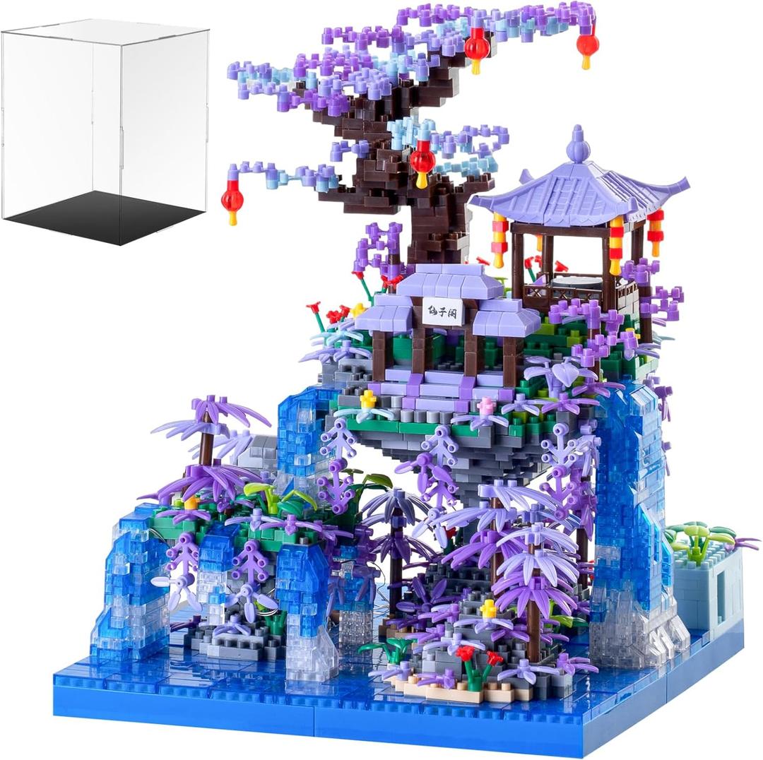 Peach Blossom Pond Building Blocks Set, Building Blocks Set Gifts for Adults and Kids, Micro Bricks Cherry Blossom Tree House Kit with LED Light and Display Box2500+Pieces