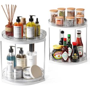 2 Pack 2 Tier Turntable Organizer, Removable Spice Rack for Cabinet, Makeup Skincare Organizer for Vanity, Large Rotating Lazy Susan for Kitchen, Pantry, Countertop, Bathroom