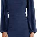 Wenrine Women's Mesh Long Sleeve Square Neck Ruched Party Club Cocktail Bodycon Mini Dress (Navy Blue), Size XS