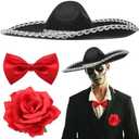 JenPen 3 Pcs Halloween Day of the Dead Mariachi Senor Adult Costume Accessory Silver Trim Black Sombrero, Bow Tie, Rose Decor, just the sombrero