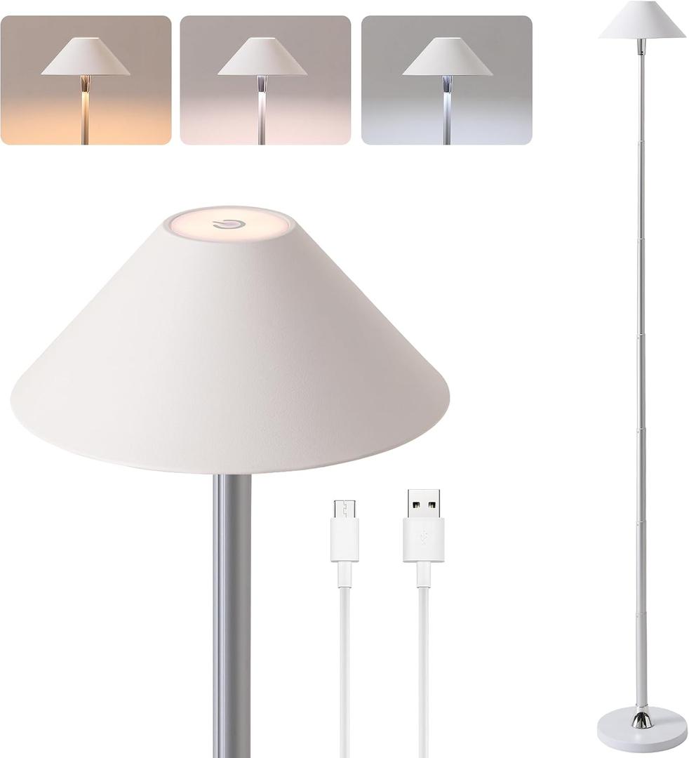 Rechargeable Floor Lamp for Indoor/Outdoor, Cordless Tall Standing Lamp with 3 Color Temps & Dimmable, IP43 Waterproof, Adjustable Height 16-56 Inch, Portable Pull-Up Lamp for Camping, Patio(White)