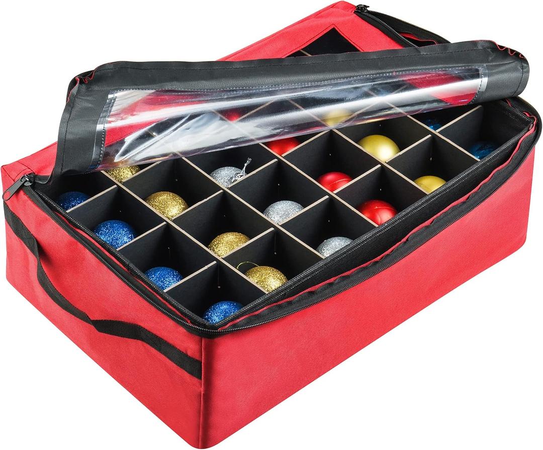 Ornament Storage Box - Zippered Lid Organizer with 48 Individual Compartments and Dividers for Christmas Bulbs and Decorations by Tiny Tim Totes (Red)