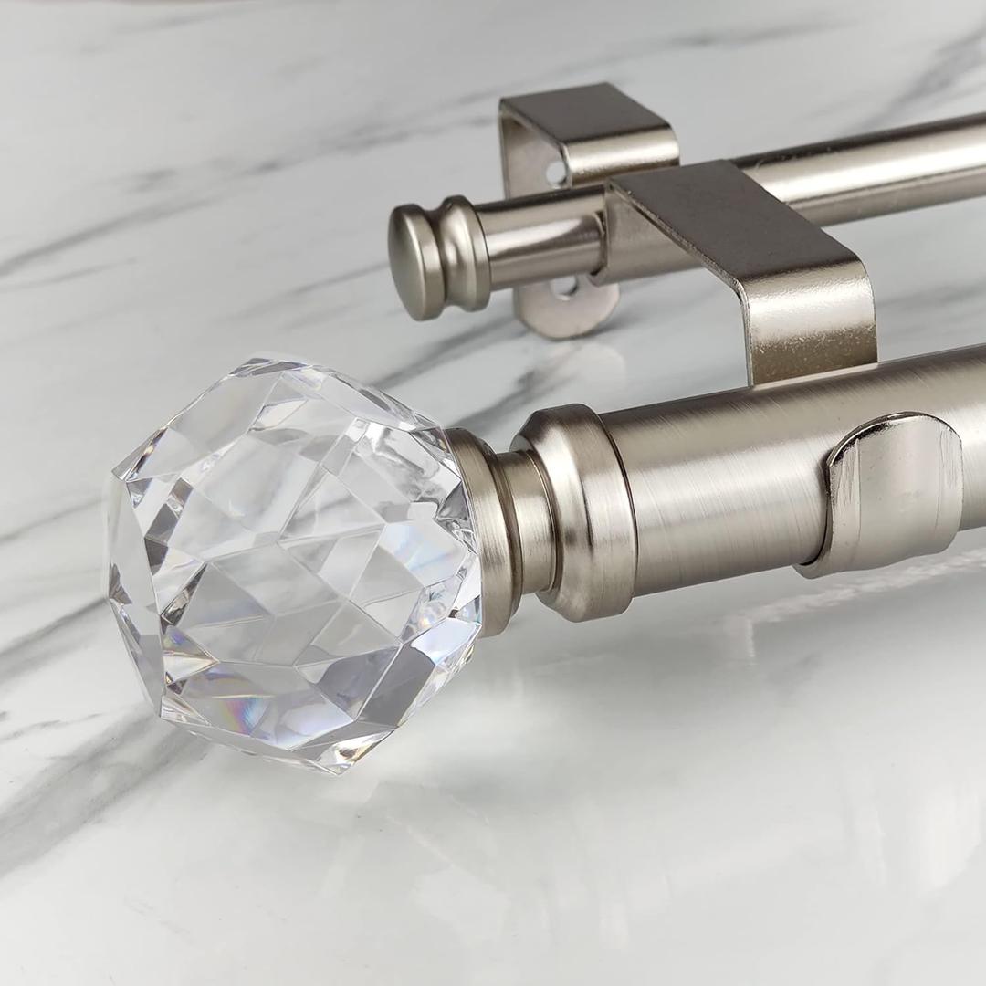 Double Curtain Rod Set:1-1/8 Inch Diameter Luxury Silver Curtain Rods, 72-144 Inches Adjustable Silver Drapery Rod with Crystal-clear Faceted Finials for 1 Pack