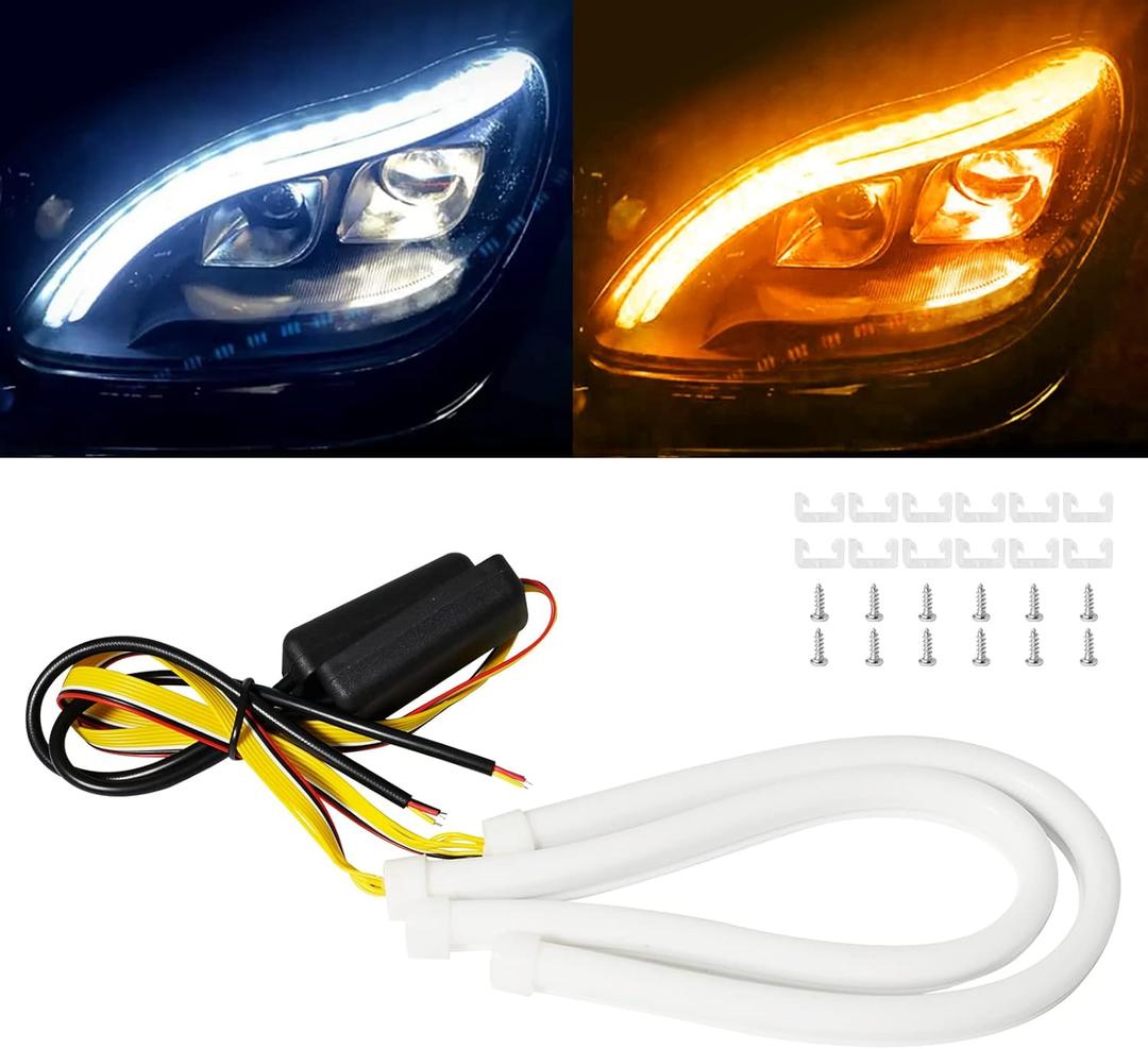 Qasim 12inch/30CM Sequential Switchback LED Strip 12V Car LED Flexible Strip Lights Dual Color White/Amber DRL Turn signal Lights Retrofit-2Pack