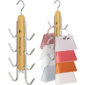 Purse Hanger, 2 Pack Purse Organizer for Closet with 16 Hooks for Heavy Bags, Sturdy Bag Storage, Rotatable Handbag Holder, Purse Rack Space Saving Backpack Hanging Closet Organizer Hangers (Natural)