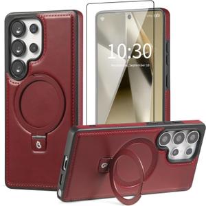 for Samsung Galaxy S25 Ultra Case with Stand Magnetic, Compatible with MagSafe Ring Leather Case, with Camera Lens and Screen Protector, Protective Military Grade Shockproof, Burgundy
