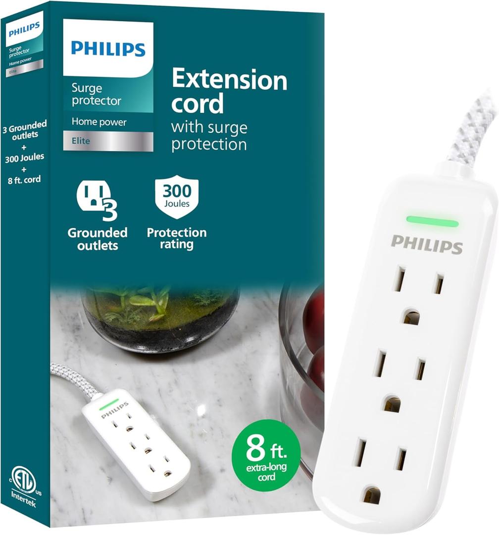 Philips 3-Outlet Grounded Extension Cord, Long Extension Cord, Flat Plug Surge Protection Power Strip, 300 Joules, UL Listed, White, SPP3433BB/37