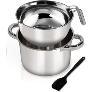 Double Boiler Pot Set,1250ML/1.1QT Mixing Bowl for Chocolate Melting, 2200ML/ 2QT 304 Stainless Steel Pot With Silicone Spatula for Melting Chocolate, Candy, Candle, Soap, Wax