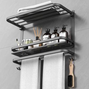 22.8Inch Towel Rack for Bathroom and Lavatory Towel Hanger with Wall Mount Towel Bars 304 Stainless Steel No Drill (Collapsible Black Towel Rack with Bathroom Organize Shower Shelves)